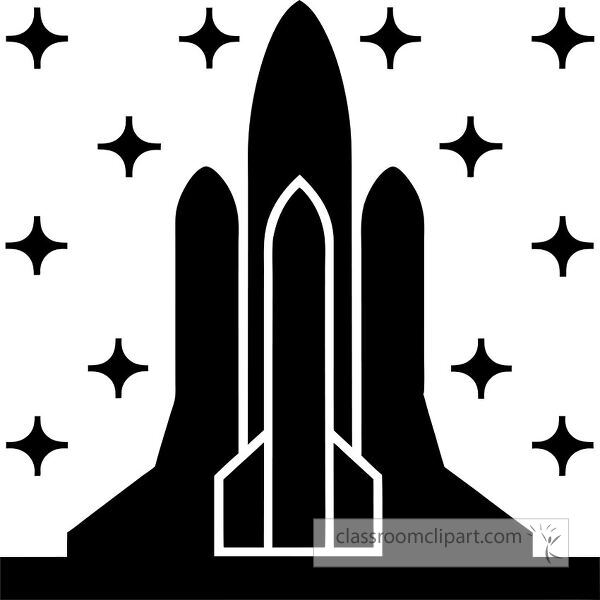 A stylized silhouette of a space shuttle launching, surrounded by stars