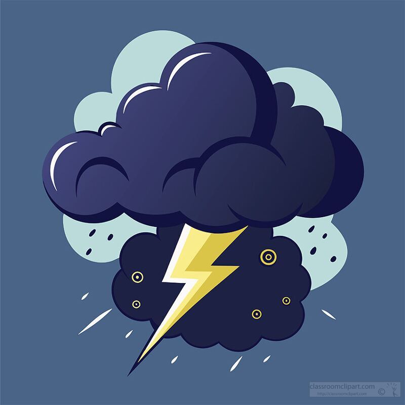 A stylized illustration of a dark cloud with a bright yellow lightning bolt striking through it. The background features a muted blue color with light blue accents, enhancing the stormy theme.