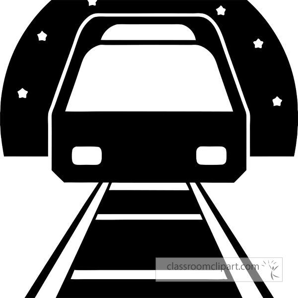 A stylized black and white illustration of a train approaching on tracks