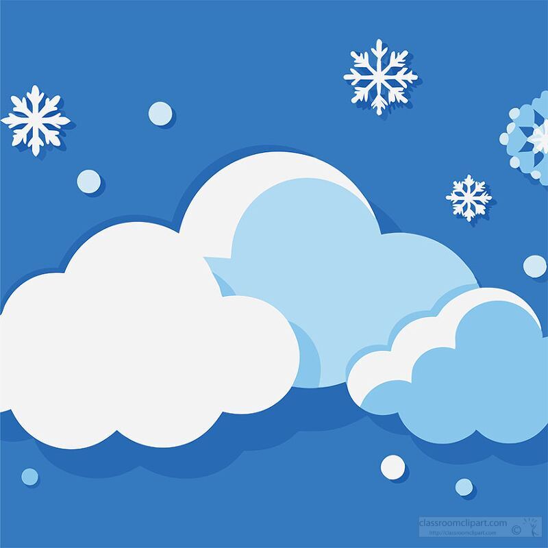 A vibrant blue background featuring various stylized clouds in shades of white and blue, accompanied by decorative snowflakes and circles, creating a cheerful winter atmosphere.