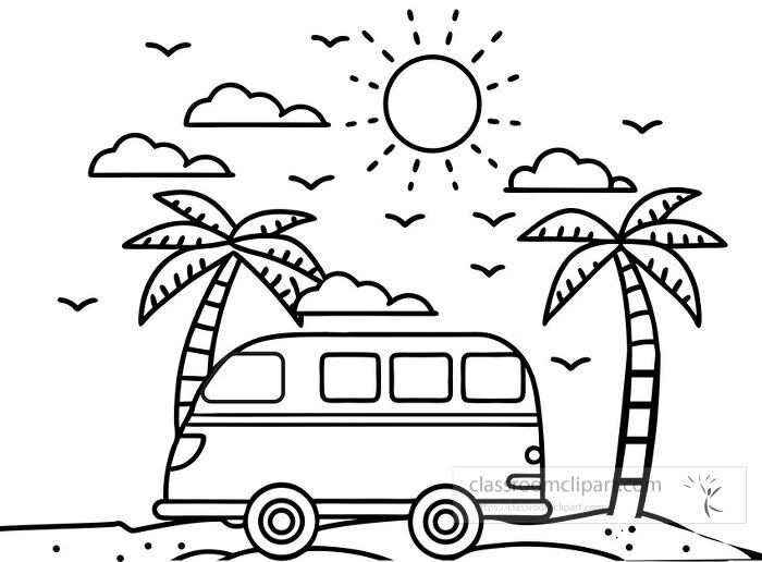 Black and white coloring page of a van driving on the beach with palm trees sunshine and birds for summer vacation themes