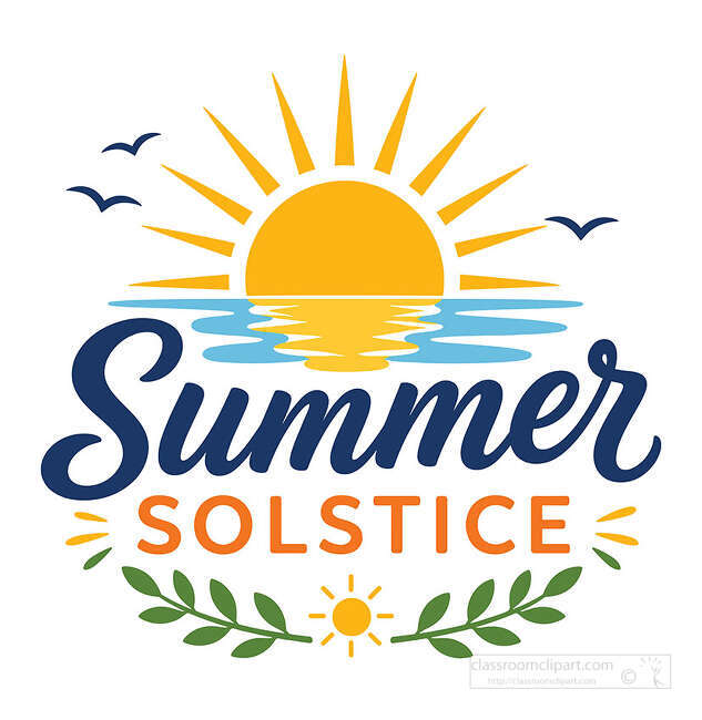 Summer Solstice lettering below a bright sun over water with rays birds leaves and a small sun symbol