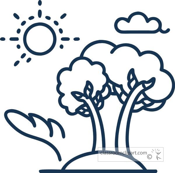 Bright sun shines over three stylized trees icon