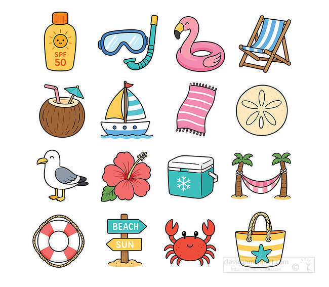 Summer vacation icon set with sunscreen snorkel flamingo float chair coconut drink sailboat towel and crab