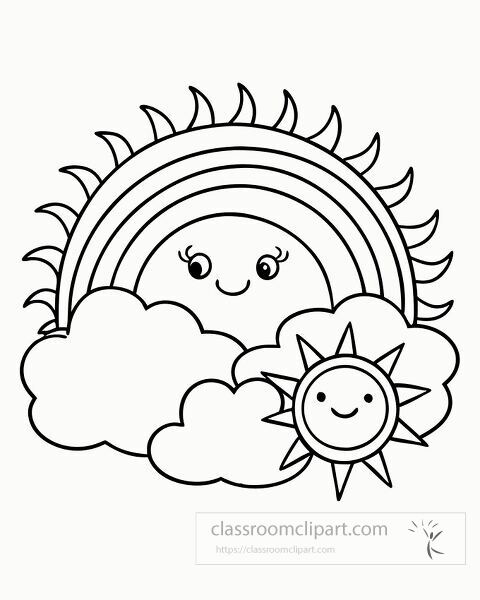 fun coloring page featuring a cheerful sun and vibrant rainbow