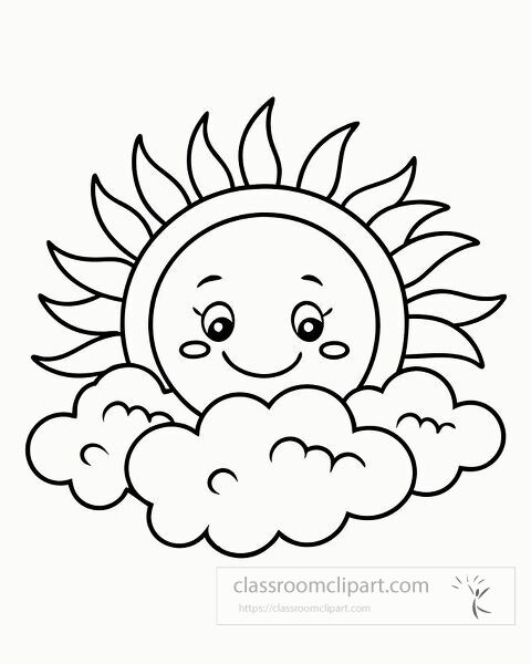 Printable coloring page featuring a cheerful sun behind fluffy clouds