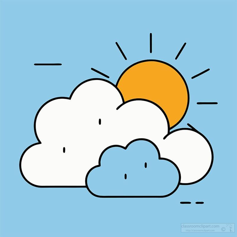 A simple and colorful illustration of a sun peeking out from behind fluffy clouds against a light blue background.