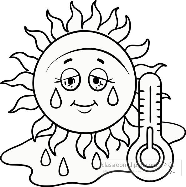 Coloring page featuring a sun with tears and thermometer coloring printable