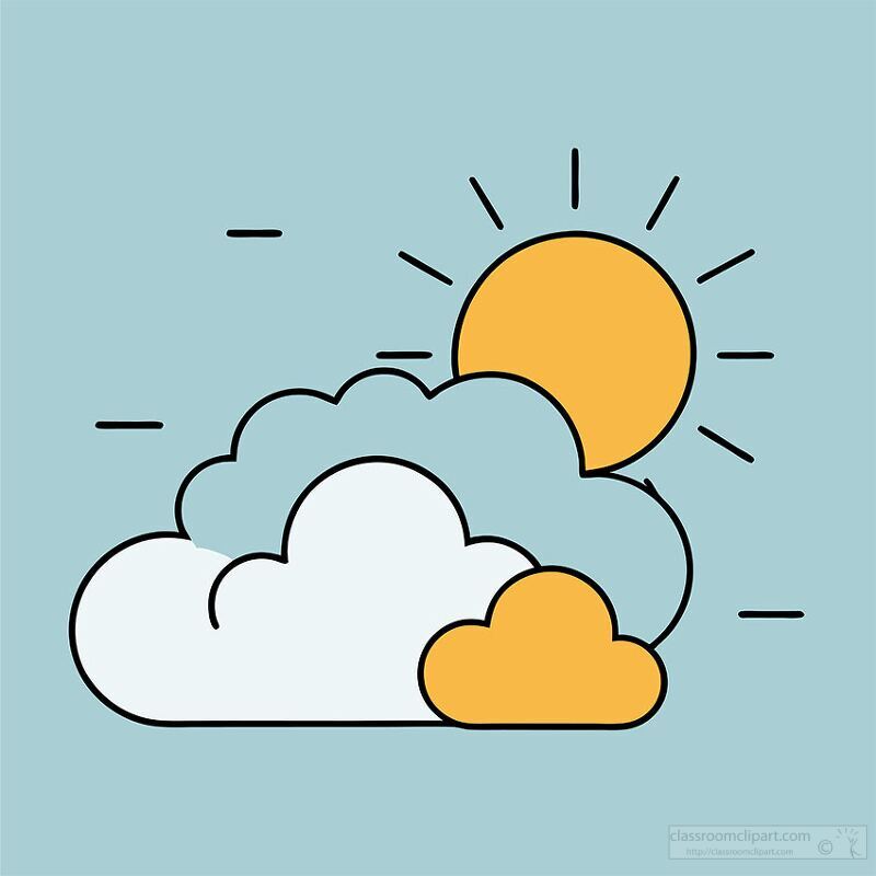 A simple illustration of a sun rising behind clouds on a light blue background. The sun is bright yellow with rays extending outward, while the clouds are in shades of white and light blue.