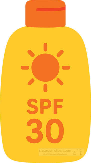 Yellow sunscreen bottle with orange cap sun symbol and SPF 30 text