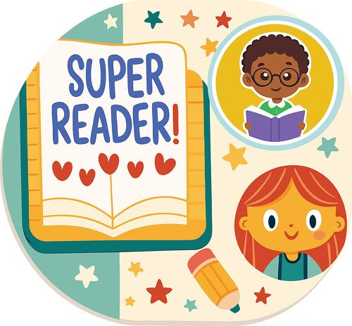 A reward sticker with Super Reader written on an open book with decorative stars and heart