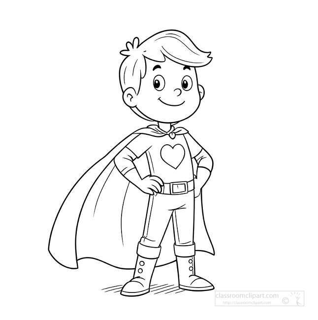 Superhero boy coloring page with cape boots heart shirt and confident hands on hips pose