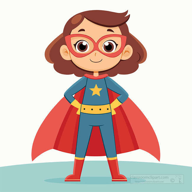 Confident superhero girl wearing red glasses a blue costume and red cape in a playful cartoon style