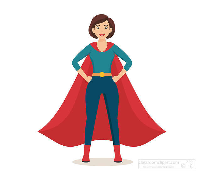 Smiling superhero woman standing with hands on hips wearing a teal suit red cape yellow belt and red boots