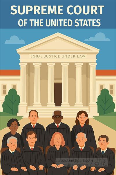 Illustration of the supreme court of the united states with justices in robes for civics and government education