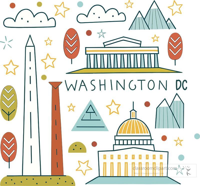 Colorful clip art showcases iconic symbols and landmarks of Washington DC The design features notable structures like the Capitol and the Washington Monument surrounded by trees and stars