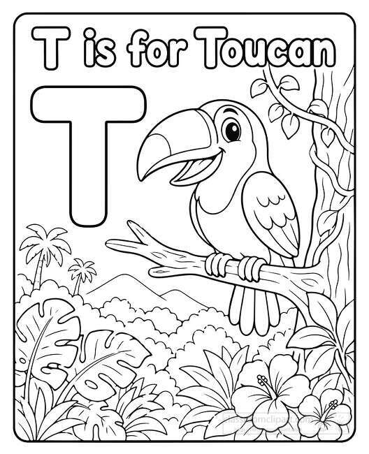 Large letter T with a smiling toucan perched on a branch in a jungle scene with vines palms leaves and flowers