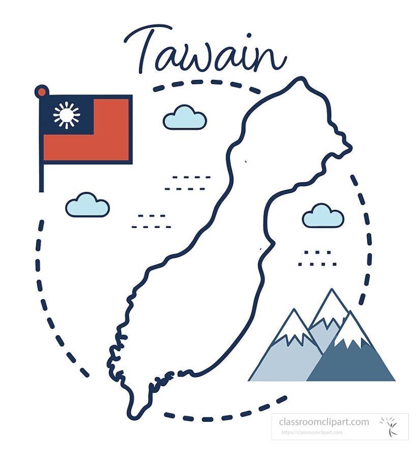 Vector illustration of Taiwan map with national flag mountains and clouds ideal for geography lessons about Asia and educational resources