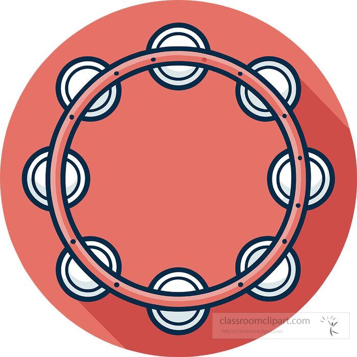 Flat vector design of a tambourine percussion instrument clipart with red circular frame and metal jingles