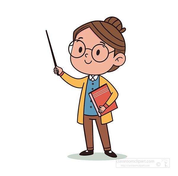 Educational illustration of a cartoon teacher character holding a pointer stick and book for school and classroom learning