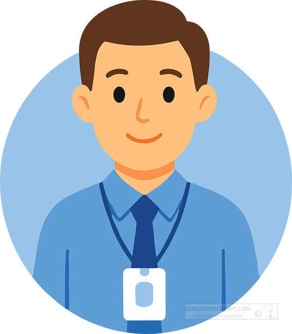Smiling man wearing a blue shirt tie and ID badge on a blue circle background