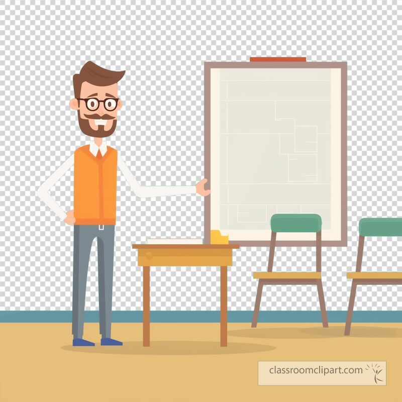 A teacher stands by a presentation board in a bright classroom. He smiles while pointing to the board encouraging student participation and understanding in the learning environment.