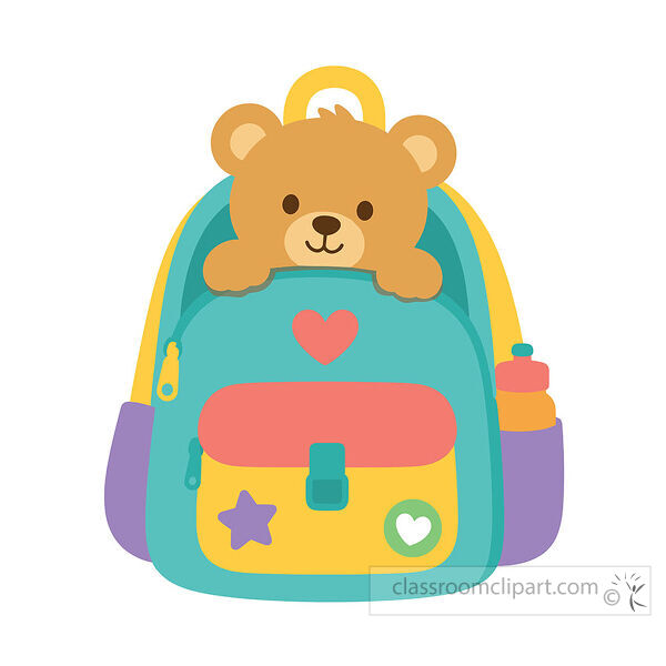 Cute clipart of a teal backpack with a teddy bear peeking out and a water bottle in the side pocket