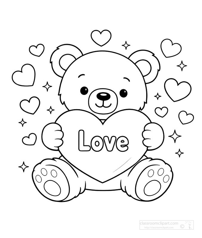 Sweet teddy bear holding a love heart for relaxing valentines coloring activity