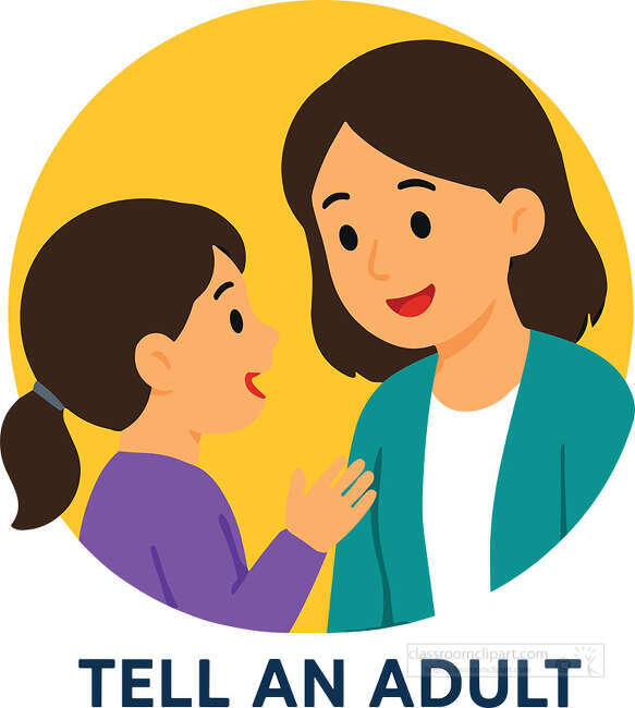 Child talking to a smiling adult with Tell An Adult text on a yellow circle background