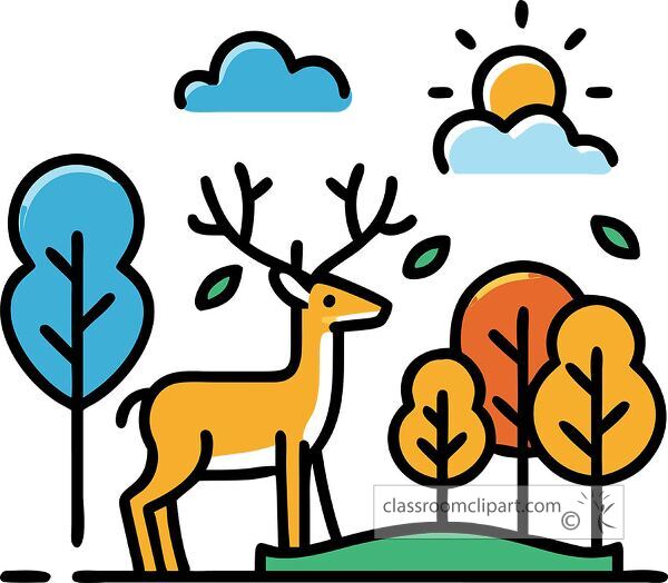 A colorful illustration of a deer standing in a forest with stylized trees and clouds. 