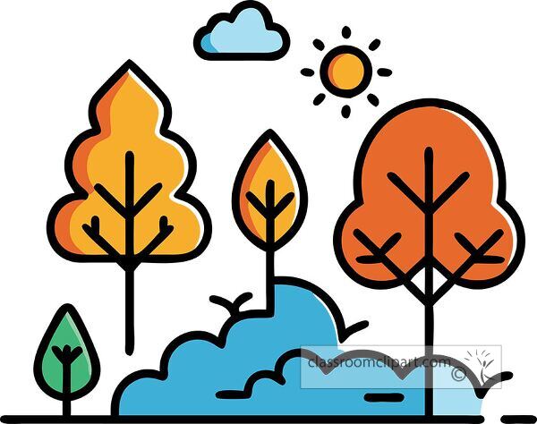 A colorful illustration of trees with autumn leaves, a blue bush, a cloud, and a sun.