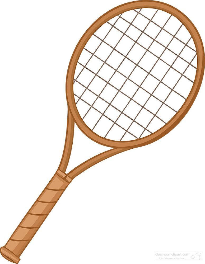 A detailed illustration of a classic tennis racket featuring a round head and a sturdy handle. The wood like texture adds a nostalgic charm. Perfect for sports enthusiasts or for use in designs related to tennis and athletic activities.