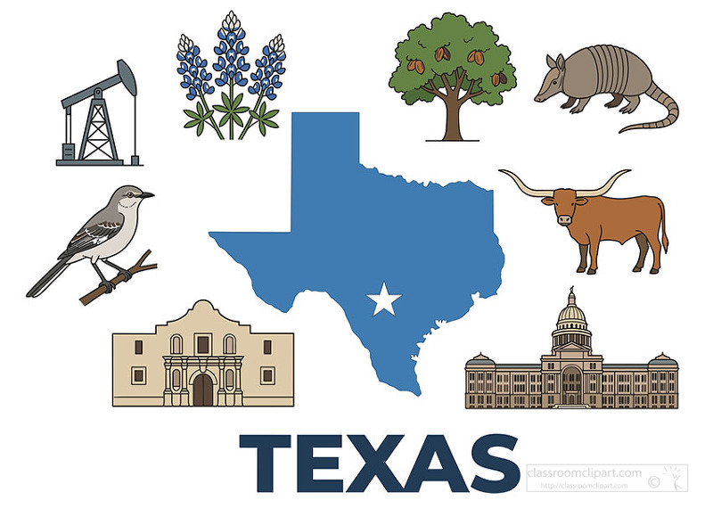 Blue map of Texas surrounded by state symbols bird flower tree armadillo longhorn and historic buildings