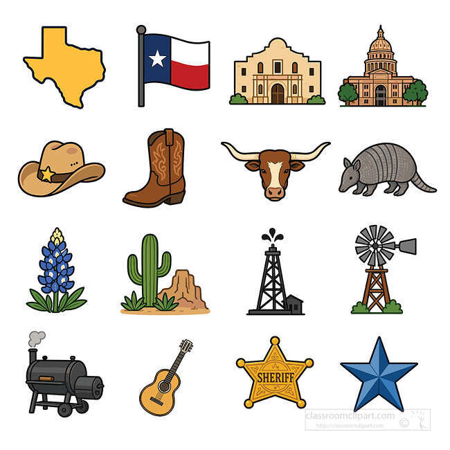 Texas state symbol icon set with map flag Alamo capitol cowboy hat boot longhorn armadillo bluebonnet and oil derrick
