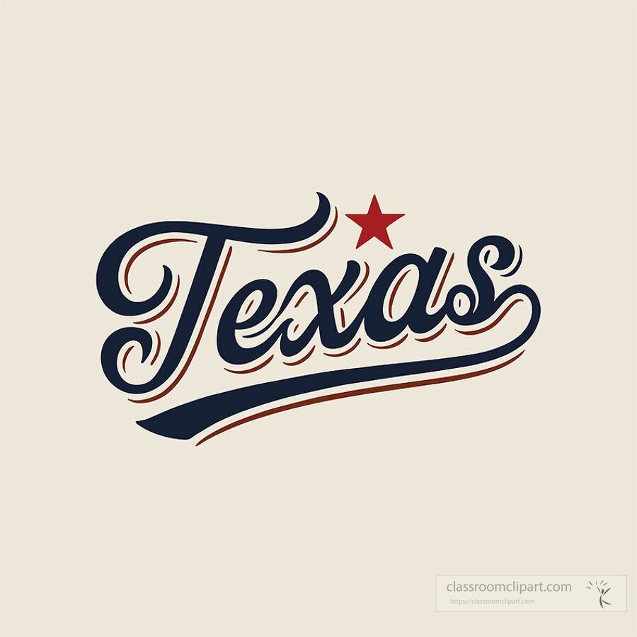 Vintage style Texas state name logo featuring bold red star graphic perfect for school projects and artwork