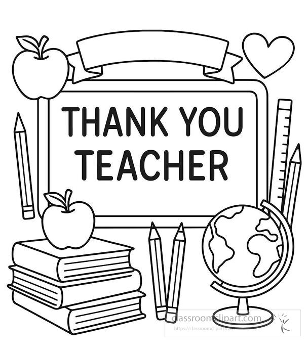 A heartfelt teacher appreciation coloring page with a thank you message and school-themed decorations