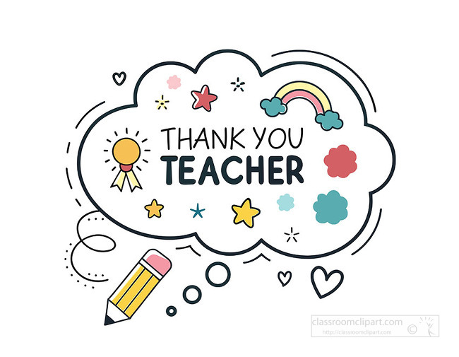 Speech bubble shows thank you teacher message with pencil and playful icons for classroom appreciation posters or greeting cards