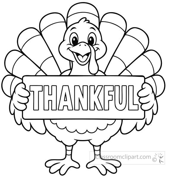 Smiling turkey holding a Thankful sign with spread tail feathers and simple outlines for Thanksgiving coloring