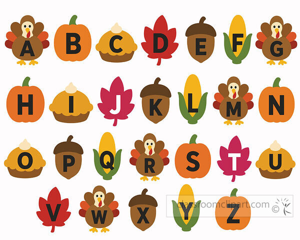 Thanksgiving alphabet with letters on turkeys pumpkins corn acorns maple leaves and pie slices