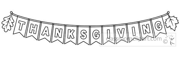 Thanksgiving pennant banner with outlined letters hanging between autumn leaves for holiday coloring