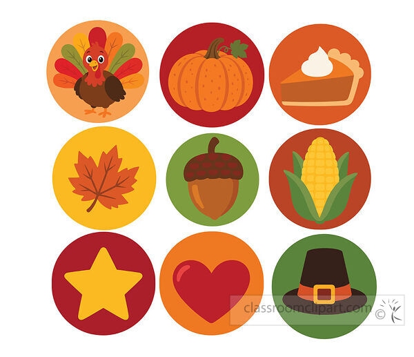 Nine Thanksgiving circle icons featuring turkey pumpkin pie corn maple leaf acorn star heart and pilgrim hat