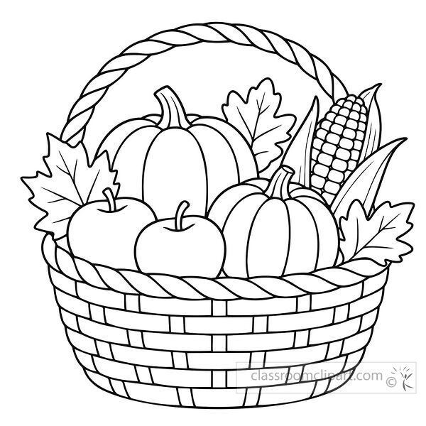 Woven basket filled with pumpkins apples corn and autumn leaves in a Thanksgiving coloring page style