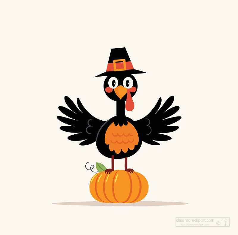 Funny thanksgiving turkey standing on pumpkin with festive autumn theme