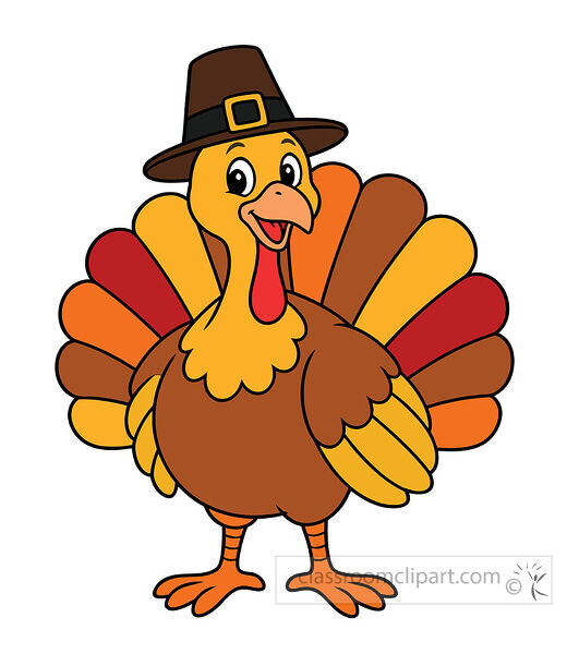 Smiling Thanksgiving turkey with colorful red orange yellow and brown tail feathers wearing a brown pilgrim hat