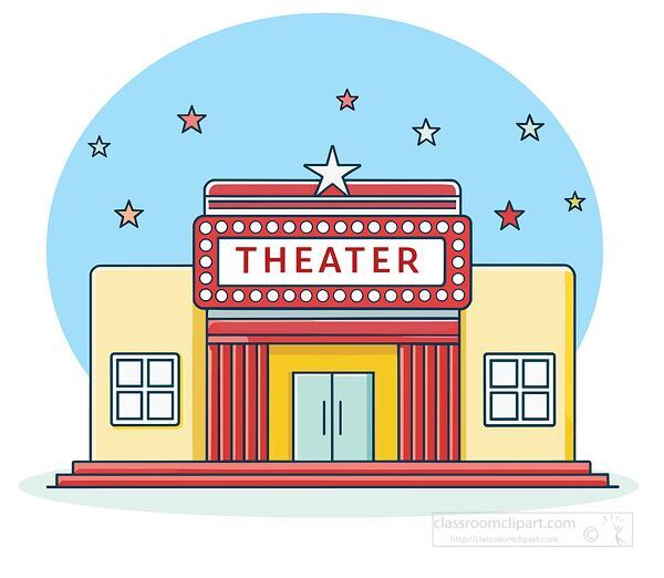 Colorful theater building illustration with star decorations and bright sign perfect for art education performing arts and cultural learning materials
