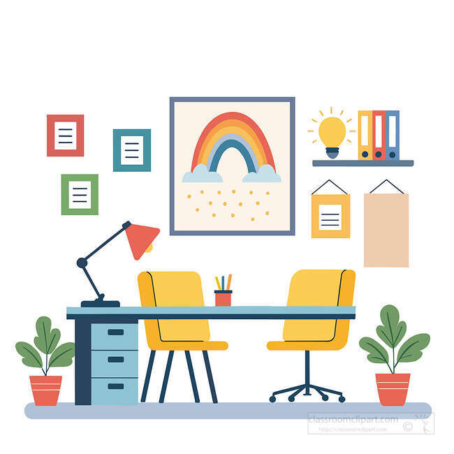 Therapy office with two yellow chairs desk lamp rainbow wall art shelves papers and potted plants