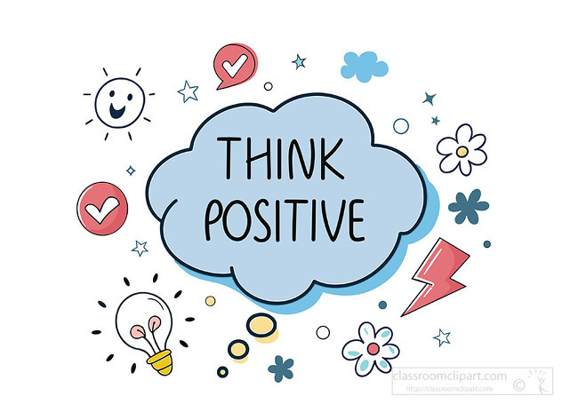 A think positive inspirational quote inside a speech bubble with playful icons designed for creativity motivation and positive mindset content