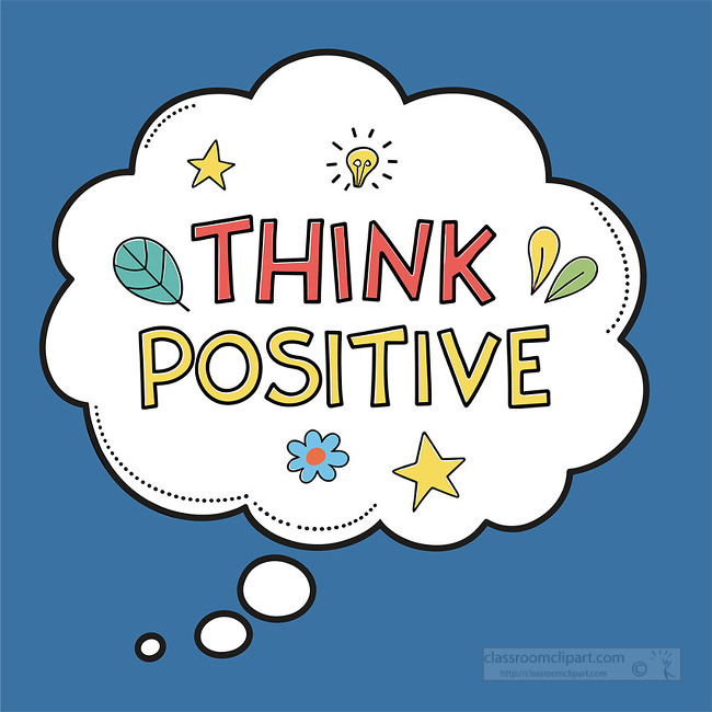 A think positive motivational quote inside a thought bubble with stars and icons designed for mental wellness content and uplifting messages