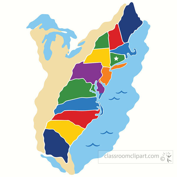 Color coded thirteen colonies map shows colonial regions along the Atlantic coast with nearby water and Great Lakes