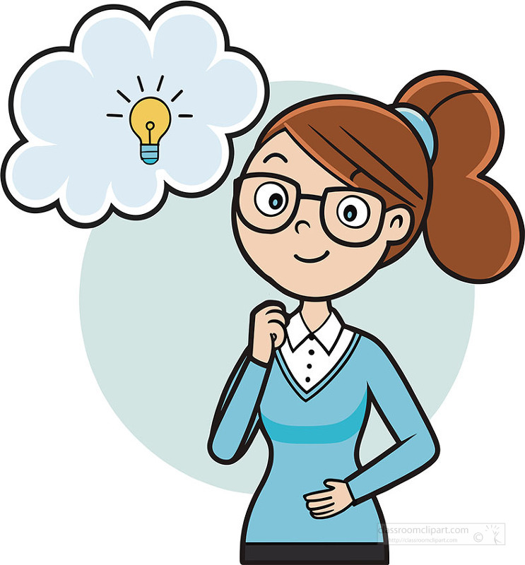 Cartoon teacher character with glasses showing a bright idea symbol for creativity and learning